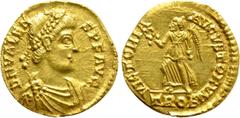 Roman Imperial Coins VALENS (364-378). GOLD 1 1/2 Scripulum. Treveri. Obv: D N VALENS P F AVG. Diademed, draped and cuirassed bust right. Rev: VICTORIA AVGVSTORVM / TROB. Victory advancing left, holdi