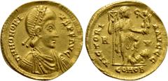 Roman Imperial Coins HONORIUS (393-423). GOLD Solidus. Ravenna. Obv: D N HONORIVS P F AVG. Diademed, draped and cuirassed bust right. Rev: VICTORIA AVGGG / R - V / COMOB. Honorius standing right, with