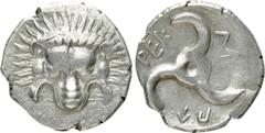 Greek Coins DYNASTS OF LYCIA. Perikles (Circa 380-360 BC). Tetrobol. Uncertain mint, possibly Limyra. Obv: Facing scalp of lion. Rev: Triskeles within incuse circle. Müseler VIII.47-51; SNG von Aulock