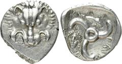 Greek Coins DYNASTS OF LYCIA. Perikles (Circa 380-360 BC). Tetrobol. Uncertain mint, possibly Phellos. Obv: Facing scalp of lion. Rev: Triskeles; above, dolphin right; to lower left, laureate head of 