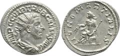 Roman Imperial Coins TREBONIANUS GALLUS (251-253). Antoninianus. Rome. Obv: IMP C C VIB TREB GALLVS AVG. Radiate, draped and cuirassed bust right. Rev: IVNO MARTIALIS. Juno seated on throne left, hold
