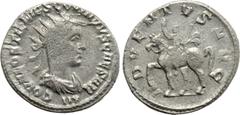 Roman Imperial Coins HOSTILIAN (Caesar, 251). Antoninianus. Antioch. Obv: C OVAL OSTIL MES COVINTVS CAESAR. Radiate, draped and cuirassed bust right; IIV below. Rev: ADVENTVS AVG. Hostilian on horse t