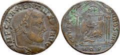 Roman Imperial Coins MAXENTIUS (309-312). Follis. Aquileia. Obv: IMP C MAXENTIVS P F AVG. Laureate head right. Rev: CONSERV VRB SVAE / AQP. Hexastyle temple, containing Roma seated left on throne, hol