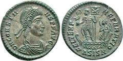 Roman Imperial Coins CONSTANS (337-350). Follis. Siscia. Obv: D N CONSTANS P F AVG. Diademed, draped and cuirassed bust right. Rev: FEL TEMP REPARATIO / ΔSISM. Constans standing left on galley, holdin