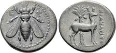 Greek Coins IONIA. Ephesos. Drachm (Circa 202-150 BC). Herakleitos, magistrate. Obv: E - Φ. Bee. Rev: HPAKΛEITOΣ. Stag standing right before palm tree. Obolos 4, lot 342 = Lanz 147, lot 135; otherwise