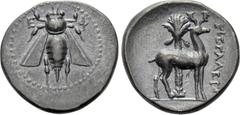 Greek Coins IONIA. Ephesos. Drachm (Circa 202-150 BC). Megaletor, magistrate. Obv: E - Φ. Bee. Rev: ΜΕΓΑΛΕΤΩΡ. Stag standing right before palm tree. SNG Copenhagen 294. Very rare magistrate Condition: