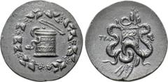 Greek Coins LYDIA. Tralleis. Cistophor (Circa 166-67 BC). Obv: Cista mystica with serpent; all within ivy wreath. Rev: Bowcase between two serpents. Controls: TPAΛ to left; to right, laureate head of 