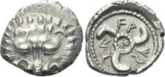 Greek Coins DYNASTS OF LYCIA. Wekhssere II (Circa 400-380 BC). Tetrobol. Tlos. Obv: Facing scalp of lion. Rev: Triskeles within incuse circle; two Lycian letters at center; all within pelleted circle 