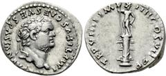 Roman Imperial Coins TITUS (79-81). Denarius. Rome. Obv: IMP TITVS CAES VESPASIAN AVG P M. Laureate head right. Rev: TR P VIIII IMP XIIII COS VII P P. Statue of radiate male figure with spear and para