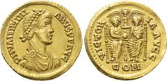 Roman Imperial Coins VALENTINIAN II (375-392). GOLD Solidus. Mediolanum. Obv: D N VALENTINIANVS P F AVG. Diademed, draped and cuirassed bust right. Rev: VICTORIA AVGG / COM. Two emperors seated facing