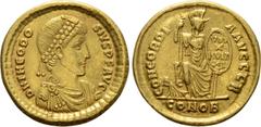 Roman Imperial Coins THEODOSIUS I (379-395). GOLD Solidus. Constantinople. Obv: D N THEODOSIVS P F AVG. Diademed, draped and cuirassed bust right. Rev: CONCORDIA AVGGG B / CONOB. Constantinopolis seat