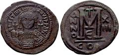 Byzantine Coins JUSTINIAN I (527-565). Follis. Constantinople. Dated RY 13 (539/40). Obv: D N IVSTINIANVS P P AVG. Helmeted and cuirassed bust facing, holding globus cruciger and shield decorated with