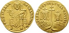 Byzantine Coins BASIL I THE MACEDONIAN with CONSTANTINE (867-886). GOLD Solidus. Constantinople. Obv: + IҺS XPS RЄX RЄGNANTIЧM ✷. Christ Pantokrator seated facing on throne. Rev: ЬASILIOS ЄT COҺSTAҺT 