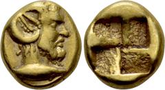 Greek Coins MYSIA. Kyzikos. EL 1/24 Stater (Circa 500-450 BC). Obv: Head of Zeus right, wearing horn of Ammon; below, tunny right. Rev: Quadripartite incuse square. Cf. Nomisma VII 130 (unlisted denom
