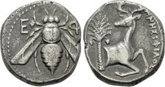 Greek Coins IONIA. Ephesos. Tetradrachm (Circa 390-325 BC). Mnesiphilos, magistrate. Obv: Ε - Φ. Bee. Rev: MNHΣIΦIΛOΣ. Forepart of stag right, head left; palm tree to left. SNG Copenhagen 232; Heritag