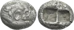Greek Coins KINGS OF LYDIA. Time of Cyrus to Darios I (Circa 550/39-520 BC). Siglos or Half Stater. Sardes. Obv: Confronted foreparts of lion and bull. Rev: Two incuse square punches. Berk 22; Traité 