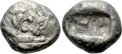 Greek Coins KINGS OF LYDIA. Time of Cyrus to Darios I (Circa 550/39-520 BC). Siglos or Half Stater. Sardes. Obv: Confronted foreparts of lion and bull. Rev: Two incuse square punches. Berk 22; Traité 