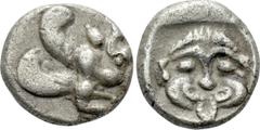 Greek Coins DYNASTS OF LYCIA. Uncertain dynast, possibly Uwug (Circa 470-440 BC). Diobol. Uncertain mint. Obv: Forepart of winged bull right. Rev: Facing gorgoneion within incuse square. Müseler IV.A.