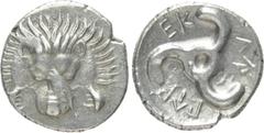 Greek Coins DYNASTS OF LYCIA. Perikles (Circa 380-360 BC). Tetrobol. Uncertain mint, possibly Limyra. Obv: Facing scalp of lion. Rev: Triskeles within incuse circle. Müseler VIII.47-51; SNG von Aulock