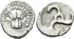 Greek Coins DYNASTS OF LYCIA. Perikles (Circa 380-360 BC). Tetrobol. Uncertain mint, possibly Limyra. Obv: Facing scalp of lion. Rev: Triskeles within incuse circle. Müseler VIII.47-51; SNG von Aulock