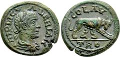 Roman Provincial Coins TROAS. Alexandria. Valerian I (253-260). Ae As. Obv: IMP LIC VALERIAN. Laureate, draped and cuirassed bust right. Rev: COL AV / TRO. Lupa Romana standing right, head facing, suc