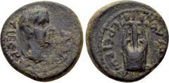 Roman Provincial Coins LYDIA. Apollonoshieron. Tiberius (14-37). Ae. Obv: TIBЄPIOC KAICAP. Laureate head right. Rev: AΠOΛΛωNIЄPITωN. Lyre. RPC I 3044; SNG von Aulock 2906. Condition: Near very fine. W
