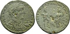 Roman Provincial Coins LYDIA. Bagis. Gallienus (253-268). Ae Medallion. Homonoia issue with Temenothyrae. Obv: AV KA ΠO ΛIK ΓAΛΛIHNOC. Laureate and cuirassed bust right. Rev: KAICAPЄΩN BAΓHNΩN THMЄNOΘ
