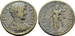 Roman Provincial Coins LYDIA. Thyatira. Geta (Caesar, 198-209). Ae. Moschos, strategos. Obv: ΛOV CЄΠTI ΓЄTAC KAI. Bareheaded, draped and cuirassed bust right. Rev: ЄΠI CTP MOCXOV B ΘVATЄIPHNΩΝ. Tyche 