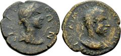 Roman Provincial Coins PAMPHYLIA. Sillyum. Macrinus with Diadumenian (217-218). Ae. Obv: AVT KAI M OΠЄΛ CЄ MAKPЄINOC CЄBA. Laureate and cuirassed bust of Macrinus right. Rev: CIΛΛVЄΩN. Laureate and dr