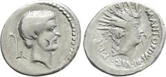 Roman Republican Coins MARK ANTONY. Denarius (42 BC). Military mint traveling with Antony in Italy. Obv: Bare head of Antony right; lituus to left. Rev: M ANTONIVS III VIR R P C. Radiate head of Sol r