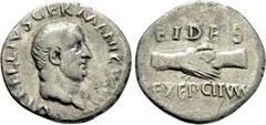 Roman Imperial Coins VITELLIUS (69). Denarius. Rome. Obv: A VITELLIVS GERMANICVS IMP. Bare head right. Rev: FIDES / EXERCITVM. Clasped hands. RIC² 67. Condition: Near very fine. Weight: 3.16 g. Diamet