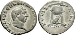 Roman Imperial Coins VITELLIUS (69). Denarius. Rome. Obv: A VITELLIVS GERM IMP AVG TR P. Laureate head right. Rev: XV VIR SACR FAC. Tripod surmounted by dolphin right; below, raven right. RIC² 109. Co