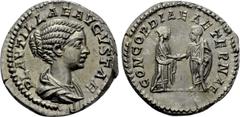 Roman Imperial Coins PLAUTILLA (Augusta, 202-205). Denarius. Rome. Obv: PLAVTILLAE AVGVSTAE. Draped bust right. Rev: CONCORDIAE AETERNAE. Plautilla standing right, clasping hands with Caracalla standi
