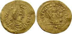 Byzantine Coins JUSTINIAN I (527-565). GOLD Tremissis. Constantinople. Possible contemporary imitation. Obv: D N IVSTINIANVS P P AVG. Diademed, draped and cuirassed bust right. Rev: VICTOROA (sic) AVG