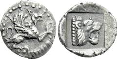 Greek Coins TROAS. Assos. Diobol? (Circa 500-450 BC). Obv: Griffin seated right, raising forepaw. Rev: Head of roaring lion right within incuse square. Cf. Weber 5318 (obol); cf. BMC 3 (same); cf. CNG