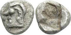 Greek Coins IONIA. Kolophon. 1/48 Stater or Tetartemorion (Late 6th century BC). Obv: Archaic head of Apollo left. Rev: Quadripartite incuse square. SNG Kayhan I 343-51; SNG von Aulock 1810; Klein 358