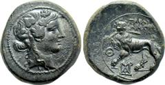 Greek Coins LYDIA. Sardes. Ae (2nd-1st centuries BC). Obv: Head of Dionysos right, wearing ivy wreath. Rev: ΣΑΡΔΙΑΝΩΝ. Horned lion standing left, head facing, breaking spear in jaws; Θ to left, monogr