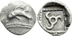 Greek Coins DYNASTS OF LYCIA. Uncertain dynast (Circa 480-460 BC). Hemiobol. Uncertain mint, possibly Zagaba. Obv: Dolphin left. Rev: Triskeles within pelleted square border; all within incuse square.