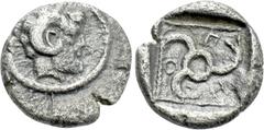 Greek Coins DYNASTS OF LYCIA. Kuprilli (Circa 470-440 BC). Hemiobol. Uncertain mint. Obv: Head of Zeus right, wearing horn of Ammon. Rev: ΚΟΠ. Triskeles within pelleted square border; all within incus
