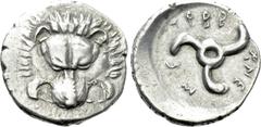 Greek Coins DYNASTS OF LYCIA. Trbbenimi (Circa 390-370 BC). Tetrobol. Uncertain mint. Obv: Facing scalp of lion. Rev: Triskeles within incuse circle. Müseler VIII.25-7; SNG von Aulock 4215. Condition: