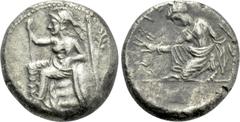 Greek Coins CILICIA. Tarsos. Tiribazos (Satrap of Lydia, 388-380 BC). Stater. Obv: Athena seated left on throne, holding spear and resting elbow upon shield; olive tree to right. Rev: ΤΕΡΣΙΚΟΝ. Female
