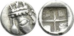 Greek Coins ACHAEMENID EMPIRE. Time of Darios I to Xerxes II (Circa 485-420 BC). Tetartemorion. Uncertain mint. Obv: Head of the Persian Great King right. Rev: Quadripartite incuse square. Cf. CNG E-3