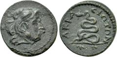Roman Provincial Coins LYDIA. Acrasus. Pseudo-autonomous. Time of Septimius Severus (193-211). Ae. Obv: Head of Herakles right, wearing lion skin. Rev: AKPACIΩTΩN. Bearded serpent coiled left; uncerta