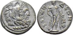 Roman Provincial Coins LYDIA. Blaundus. Pseudo-autonomous. Time of the Antonines (138-192). Ae. Obv: Head of Herakles right, wearing lion skin. Rev: BΛAVNΔЄΩN. Herakles standing facing, head left, hol