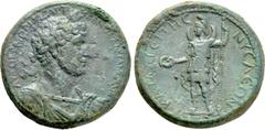 Roman Provincial Coins LYDIA. Nysa. Hadrian (117-138). Ae. Obv: AYTOKPATOP KAICAP TPAIANOC AΔPIANOC CЄB. Laureate and cuirassed bust right. Rev: KAMAPЄITHC NYCAЄΩN. Mên standing left, holding patera a