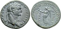 Roman Provincial Coins LYDIA. Philadelphia. Domitian (81-96). Ae. Fl. Praxeas, first archon and priest of five priesthoods for life. Obv: ΑΥΤΟΚΡΑΤωΡ ΚΑΙCΑΡ ΔΟΜΙΤΙΑΝΟC. Laureate head right. Rev: ЄΠΙ ΦΛ