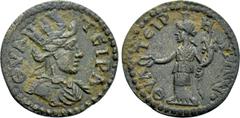 Roman Provincial Coins LYDIA. Thyatira. Pseudo-autonomous (3rd century). Ae. Obv: ΘVΑΤЄΙΡΑ. Turreted and draped bust of Tyche right. Rev: ΘVΑΤЄΙΡΗΝΩΝ. Tyche standing left, holding patera and cornucopi