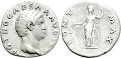 Roman Imperial Coins OTHO (69). Denarius. Rome. Obv: IMP OTHO CAESAR AVG TR P. Bare head right. Rev: PONT MAX. Aequitas standing left, holding scales and pertica (measuring rod). RIC² 19. Condition: G
