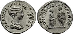Roman Imperial Coins PLAUTILLA (Augusta, 202-205). Denarius. Rome. Obv: PLAVTILLAE AVGVSTAE. Draped bust right. Rev: CONCORDIAE AETERNAE. Plautilla standing right, clasping hands with Caracalla standi