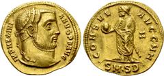 Roman Imperial Coins GALERIUS (305-311). GOLD Aureus. Serdica. Obv: IMP MAXIMIANVS P F AVG. Laureate head right. Rev: CONSVL AVGG NN / •SM•SD•. Galerius standing left, holding globus and sceptre; retr